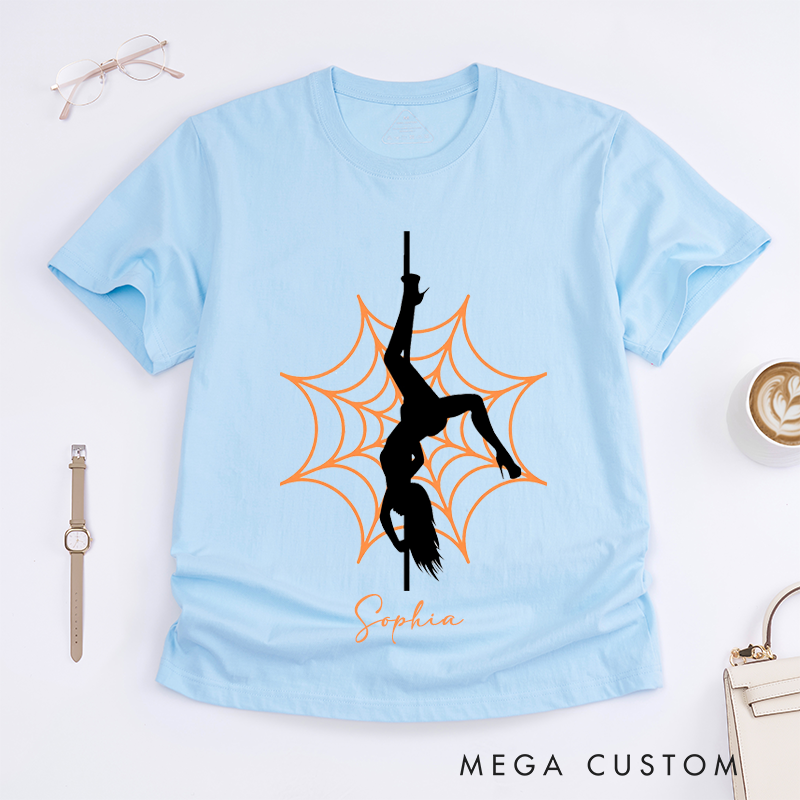 Personalized Pole Dance Spider Web Silhouette Women T-Shirts Unique Gift for Dancer Fitness Lover Halloween Themed Custom Tee