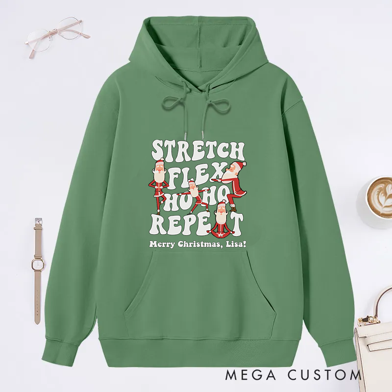 Personalized Christmas Classic Hoodie with Stretch, Flex, Ho Ho Ho Design Custom Name Gift Idea for Yoga Lover