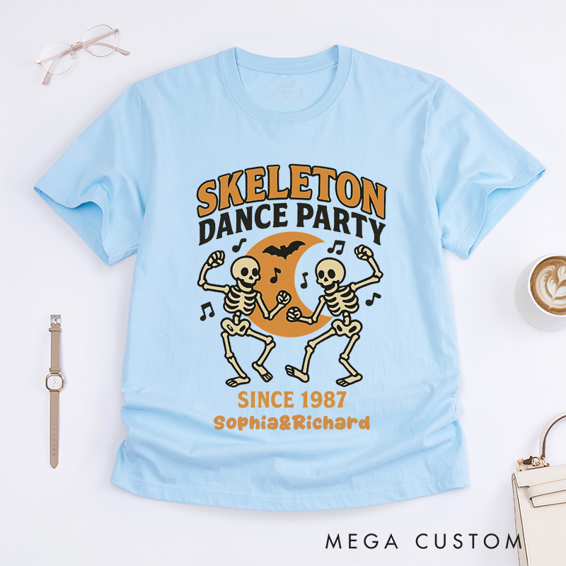 Personalized Skeleton Dance T-Shirts Custom Name Halloween Skeleton Graphic Tee Unique Dancing Skeletons Gift for Men Women Friends