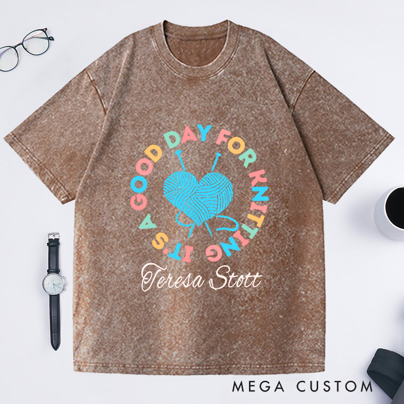 Personalized It's a Good Day for Knitting Washed T-Shirts Gift for Knitter Knit Shirt Gift for Grandma