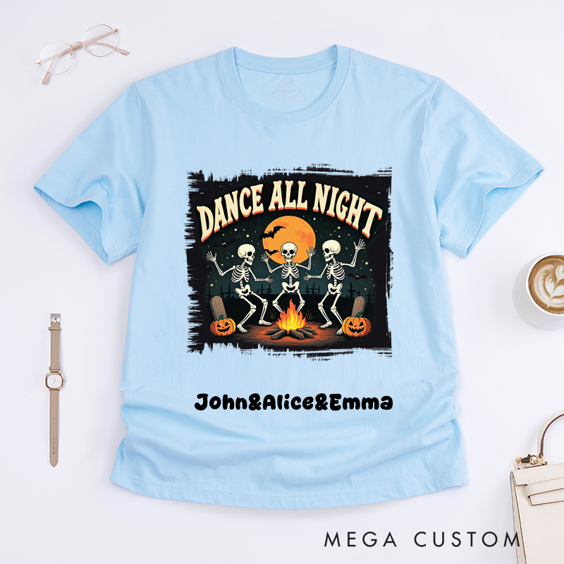 Personalized Skeleton Dance All Night Halloween T-Shirts Unisex Spooky Campfire Pumpkin Gift Custom Name Shirt for Men Women Halloween Lovers