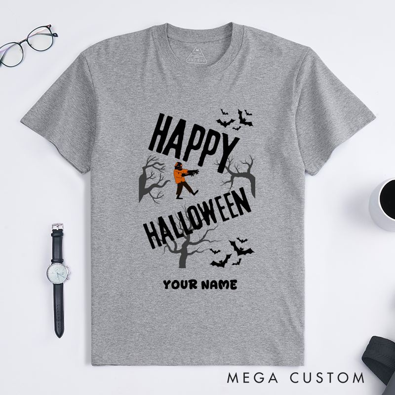 Personalized Happy Dance Zombie T-Shirts Custom Name Spooky Gift for Men Unique Halloween Tee Scary Walking Dead Design for Husband Son Friend