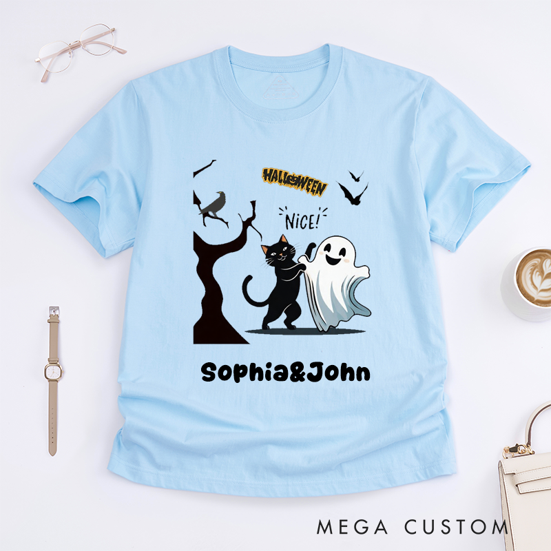 Personalized Halloween Black Cat and Ghost Cute Unisex T-Shirts Spooky Cartoon Animal Lovers Unique Custom Name Gift for Friends Family