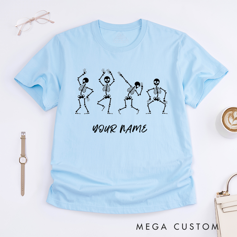 Personalized Dancing Skeleton T-Shirts Custom Name Funny Halloween Gift for Men Unique Skeleton Print Tee for Friends
