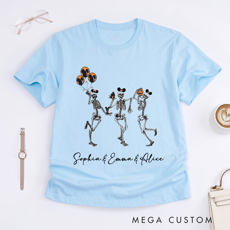 Personalized Skeleton Halloween T-Shirts Cute Funny Skeleton Graphic Tee Gift for Women Spooky Custom Name Halloween Shirt