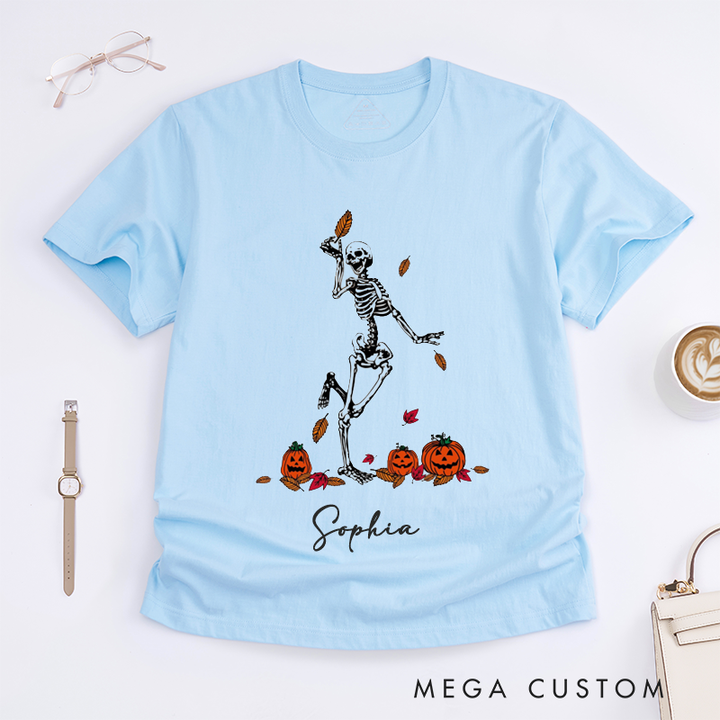 Personalized Halloween Skeleton Dancing Pumpkin T-Shirts Fall Leaves Cute pooky Outfit Custom Name Gift for Women