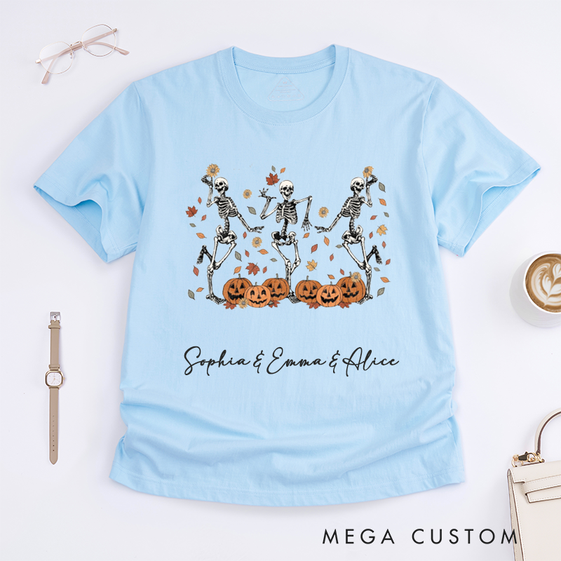 Personalized Halloween Dancing Skeletons T-Shirts Gift for Women Fall Pumpkin Autumn Leaves Graphic Custom Name Spooky Apparel for Friends