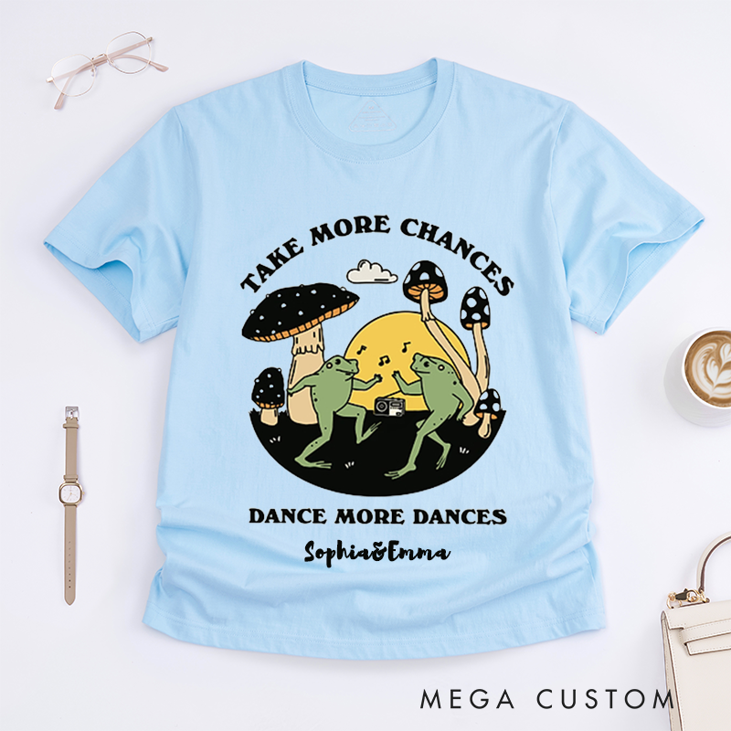 Personalized Dancing Frog T-Shirts Custom Name Cute Mushroom Art Inspirational Graphic Tee Unique Gift for Women Friends Positive Motivation Shirt