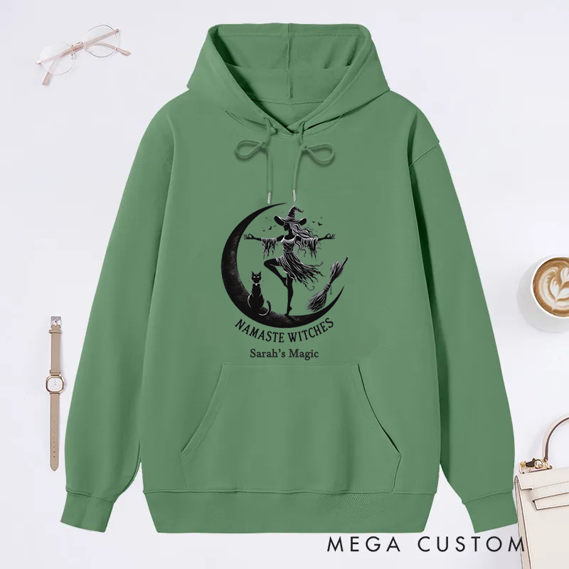 Personalized Namaste Witches Classic Hoodie with Elegant Witch and Moon Design Custom Name Gift Idea for Yoga Lover