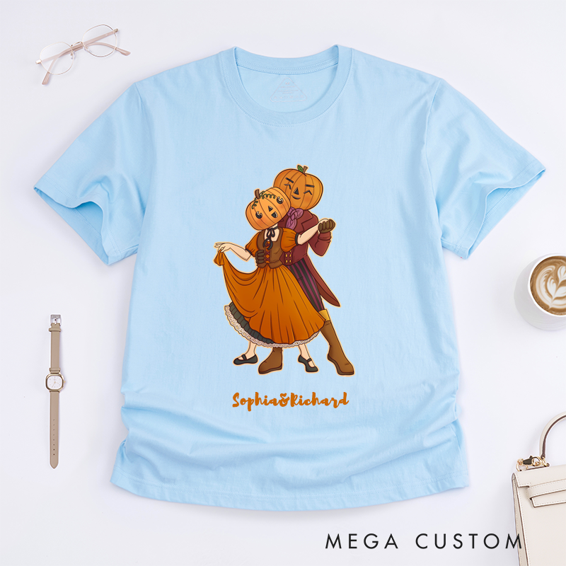 Personalized Pumpkin Couple Dancing T-Shirts Halloween Retro Style Unisex Fall Gift Autumn Lovers Unique Present for Him Her Friends