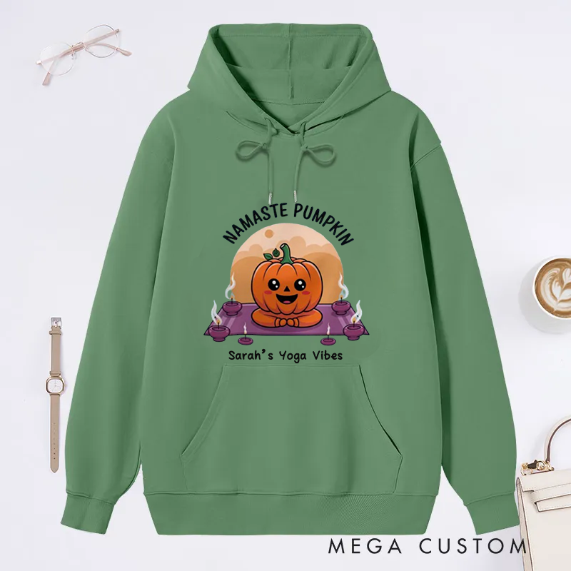 Personalized Namaste Classic Hoodie with Cute Yoga Pumpkin Design Custom Name Gift Idea for Yoga Lover