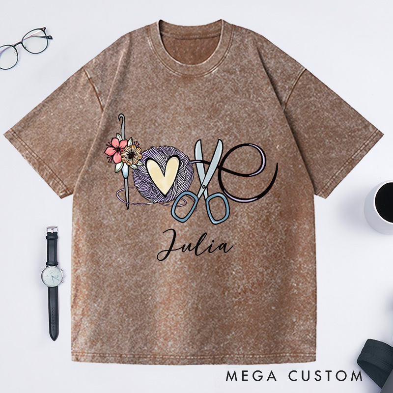 Personalized Love Crochet Washed T-Shirts Funny Crochet T-Shirt Crocheting Lovers Custom Tee