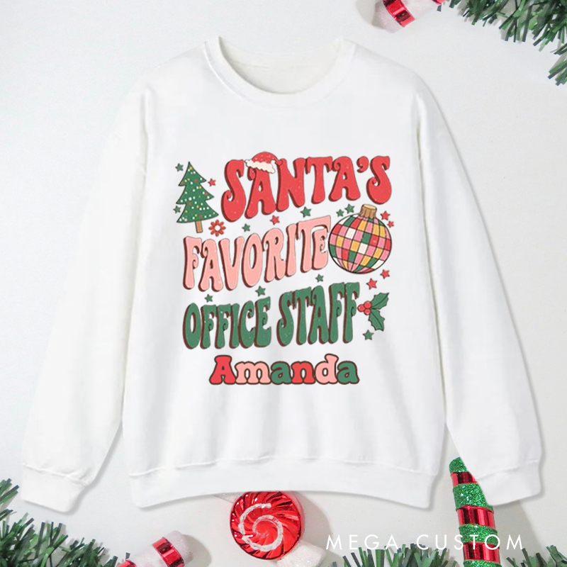 Personalized Office Worker Sweatshirt Santa's Favorite Office Staff with Christmas Trees Stars and Santa Hat Christmas Elements Gift for Coworkers