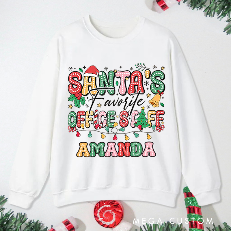 Personalized Office Worker Sweatshirt Christmas Lights Ornaments Candy Canes and a Santa Hat Christmas Elements Gift for Coworkers