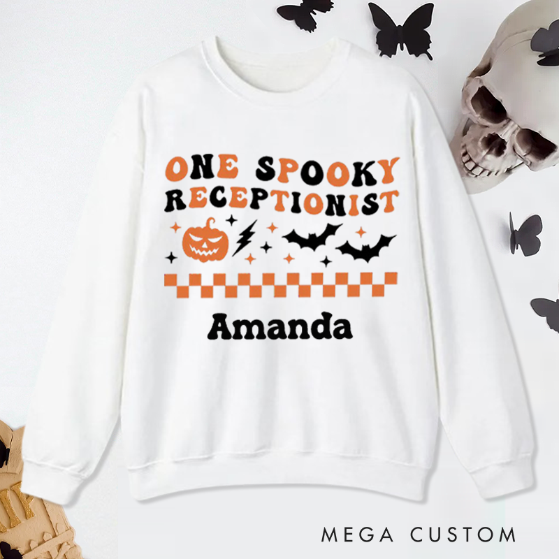 Personalized Office Worker Sweatshirt One Spooky Receptionist with Halloween Elements Appreciation Gift for Coworkers