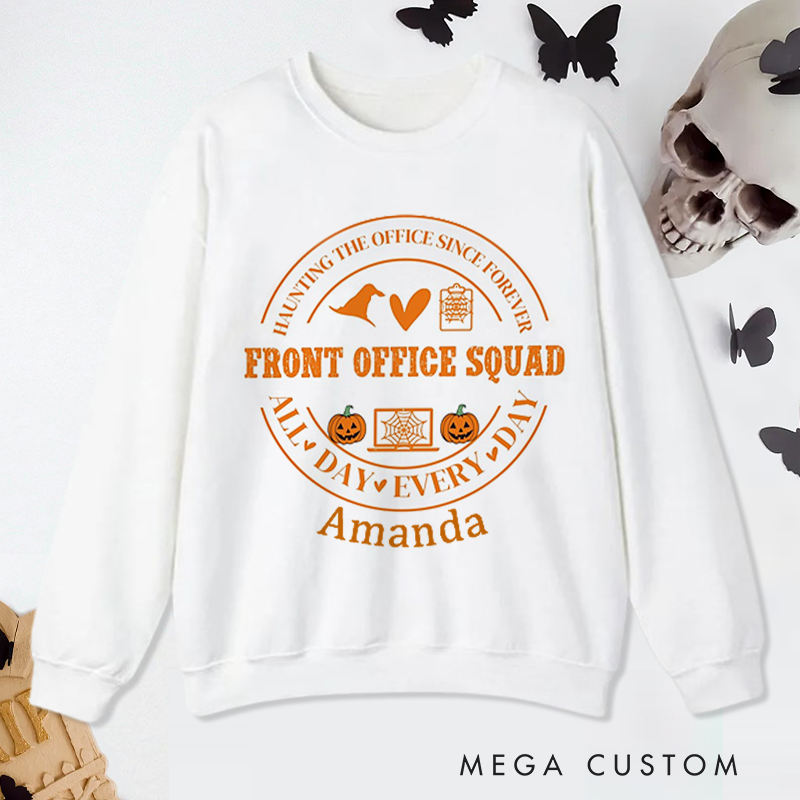 Personalized Office Worker Sweatshirt Front Office Squad with Halloween Elements Appreciation Gift for Coworkers