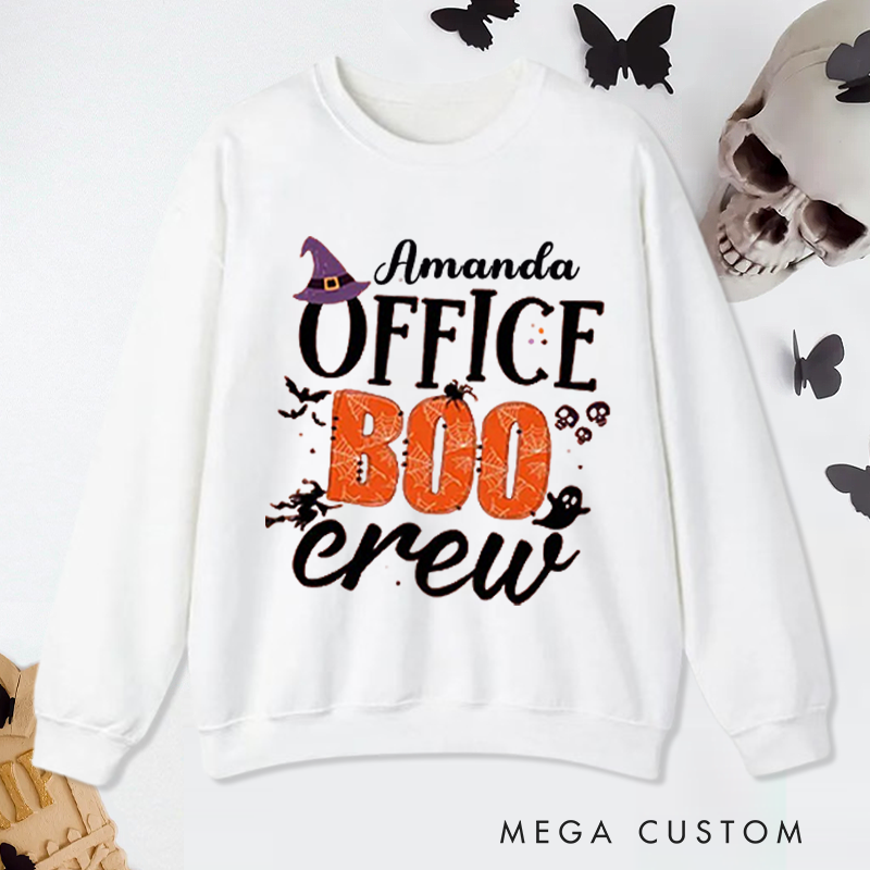 Personalized Office Worker Sweatshirt Office Boo Crew with Bats Spiderweb and Spider Halloween Elements Appreciation Gift for Coworkers