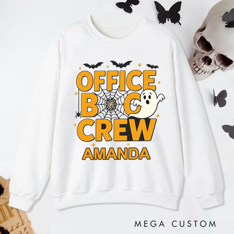 Personalized Office Worker Sweatshirt Office Boo Crew with Bats Spiderweb Spider and Small Stars Halloween Elements Appreciation Gift for Coworkers