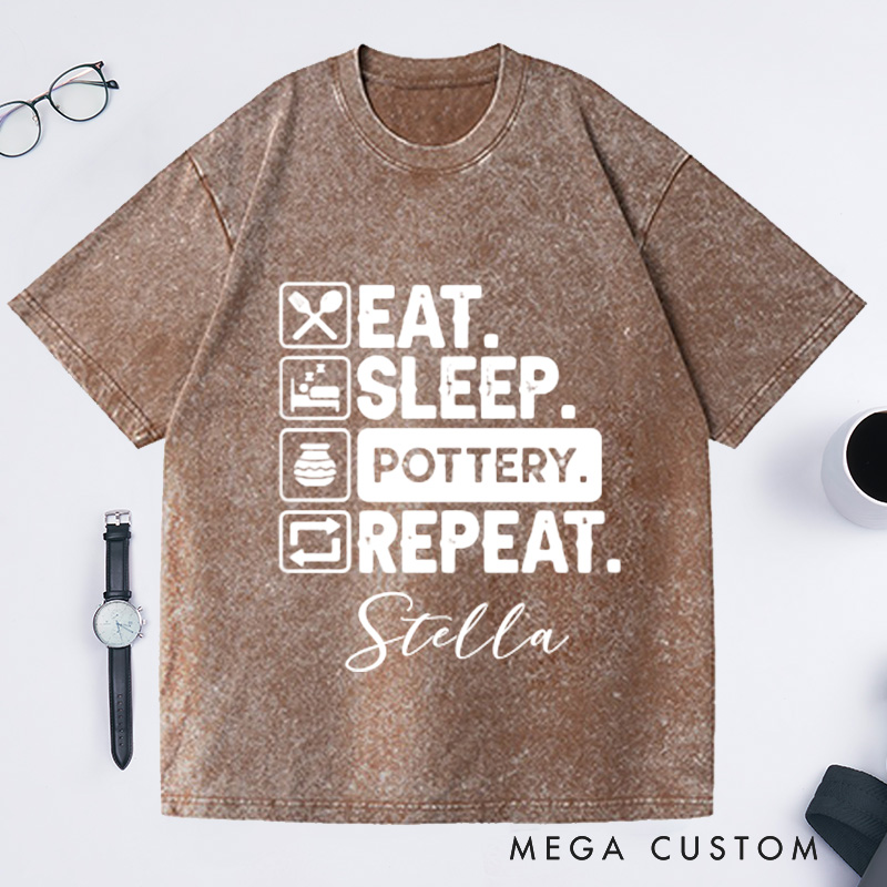 Personalized Eat Sleep Pottery Repeat Washed T-Shirts Gift for Potter Potters Shirt Clay Tshirt Custom Tee