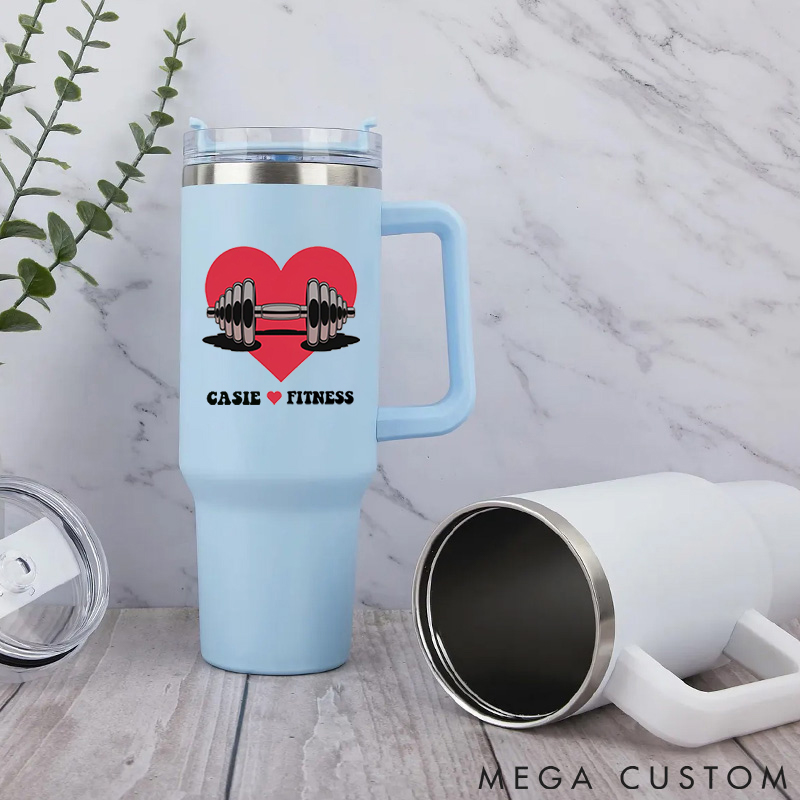 Personalized Handle Tumbler with Heart and Barbell Love Fitness Design for Gym Lover Fitness Durable Hot or Cold Drinks