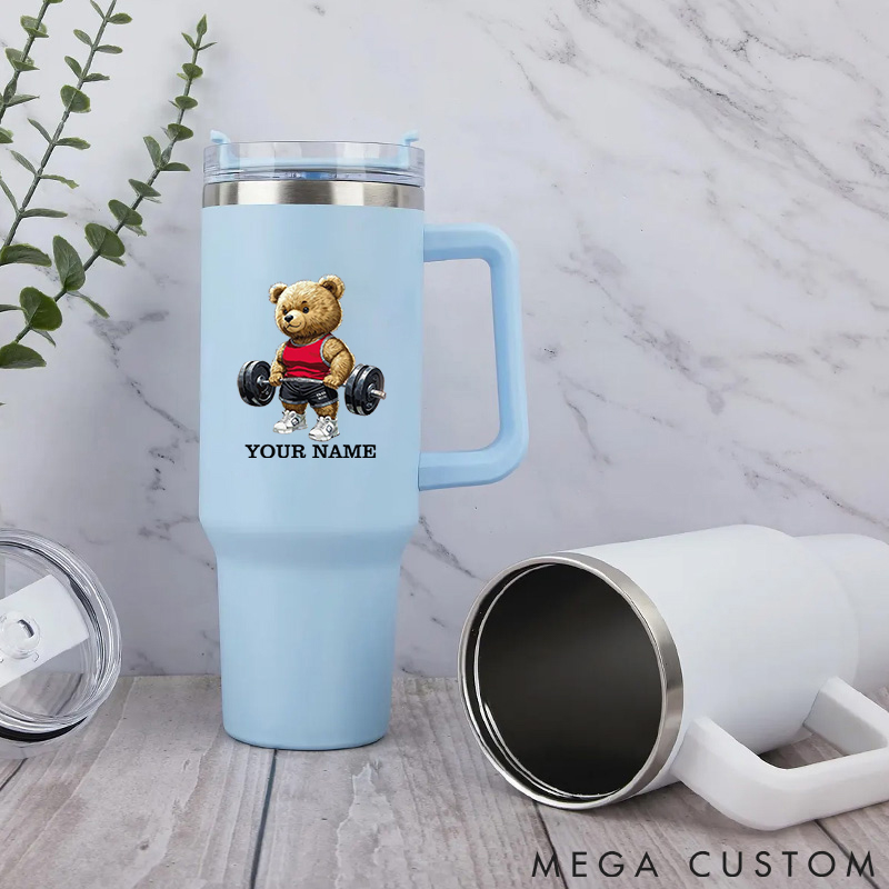 Personalized Handle Tumbler with Cute Weightlifting Teddy Bear Design for Gym Lover Fitness Durable Hot or Cold Drinks