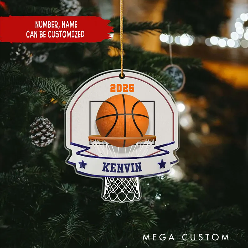 Personalized Basketball Christmas Ornament with Name Year and Hoop Design