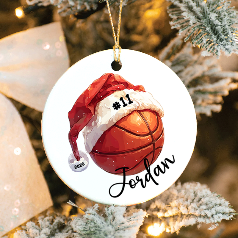 Personalized Basketball Christmas Ornament with Custom Name Number Year and Santa Hat Design