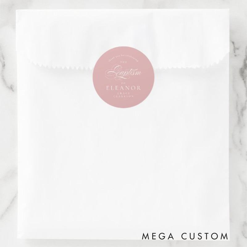 Personalized Pink Elegant Calligraphy Baptism Thank You Classic Round Sticker with Name Religious Gift Baptism Gift