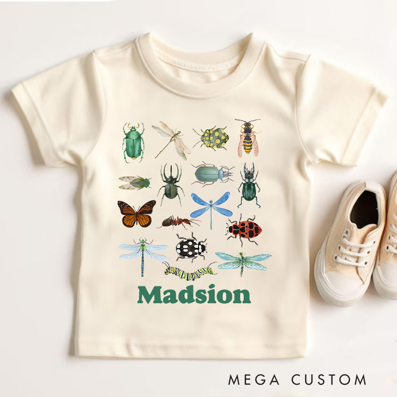Personalized Retro Bugs Toddler T-Shirt Cute Entomology Children's Clothing Boho Natural Kids and Youth T-Shirt