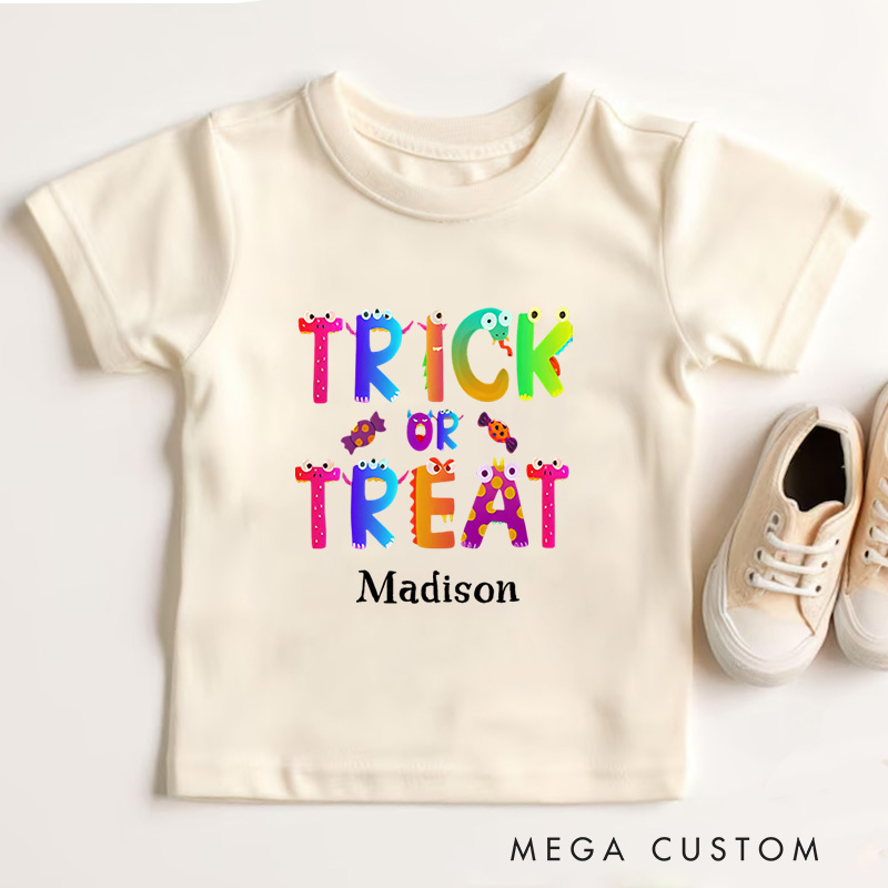 Personalized Trick or Treat Halloween Shirt for Kids Perfect for Fun and Colorful Outfits During the Spooky Season Kids T-Shirt