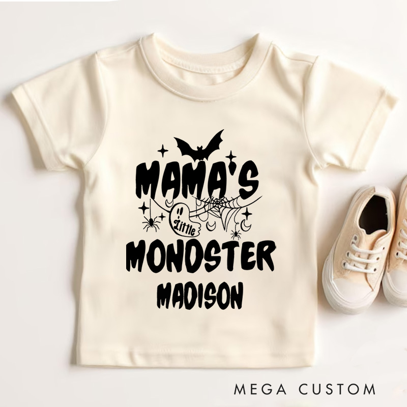 Personalized Mama’s Little Monster Halloween Shirt for Kids Perfect for Fun and Spooky Family Moments During Halloween Kids T-Shirt
