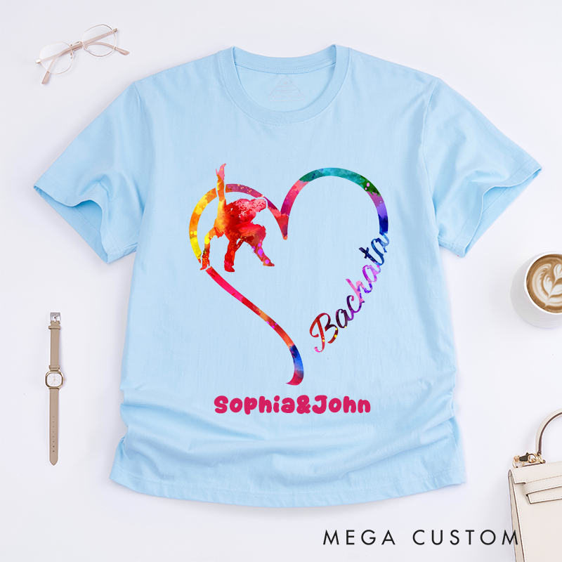 Personalized Bachata Dance Heart T-Shirts Custom Name Colorful Dancer Gift for Bachata Lovers Unique Latin Dancewear for Men and Women