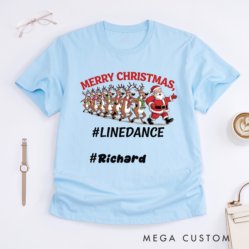 Personalized Christmas Reindeer Line Dance T-Shirts Gift Unisex Funny Santa Custom Name Xmas Present for Family Friends