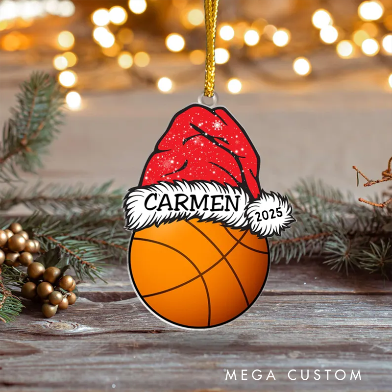 Personalized Basketball Christmas Ornament with Santa Hat, Custom Name, and Year Design
