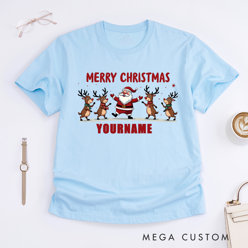 Personalized Merry Christmas Santa Claus Line Dance T-Shirts Custom Name Reindeer Graphic Tee Unique Gift for Women Christmas Family