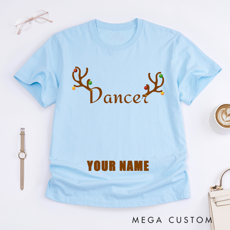 Personalized Reindeer Dancer Christmas Antlers Custom Name Gift T-Shirts Unique Women Top Funny Xmas Present for Her Family Matching Outfit