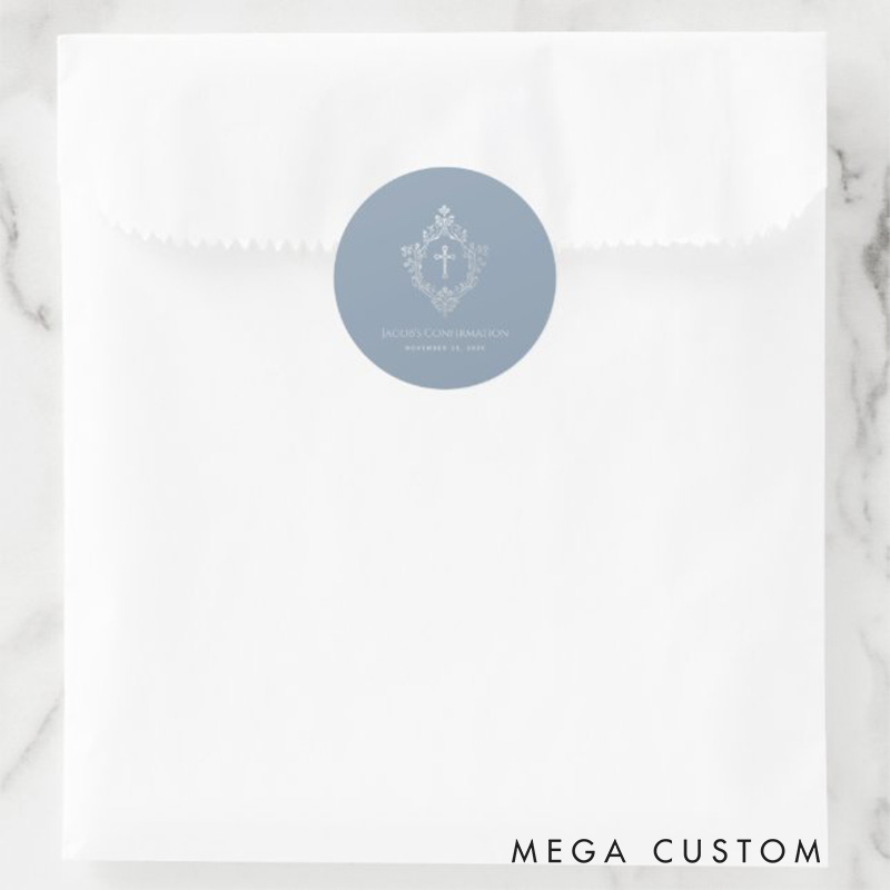 Personalized Boy Confirmation Dusty Blue Religious Cross Crest Classic Round Sticker with Name and Date Religious Gift Confirmation Gift