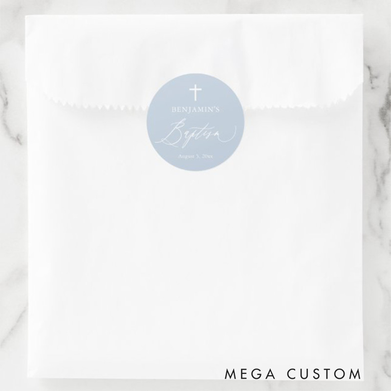 Personalized Dusty Blue White Cross Boy Baptism Round Sticker with Name and Date Religious Gift Baptism Gift