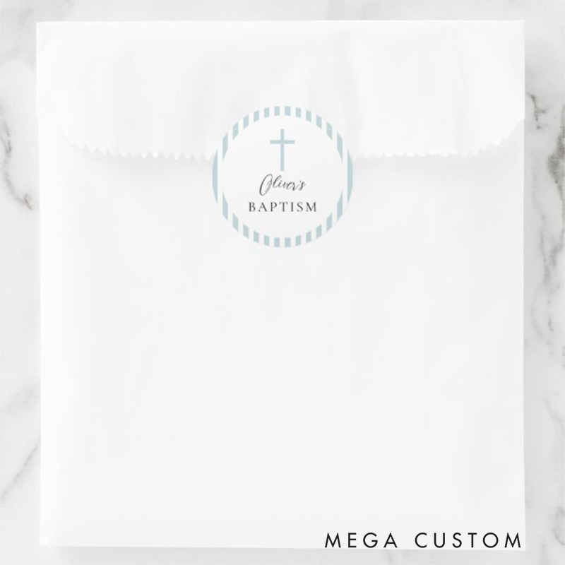Personalized Blue White Striped Boy Baptism Classic Round Sticker with Name and Date Religious Gift Baptism Gift