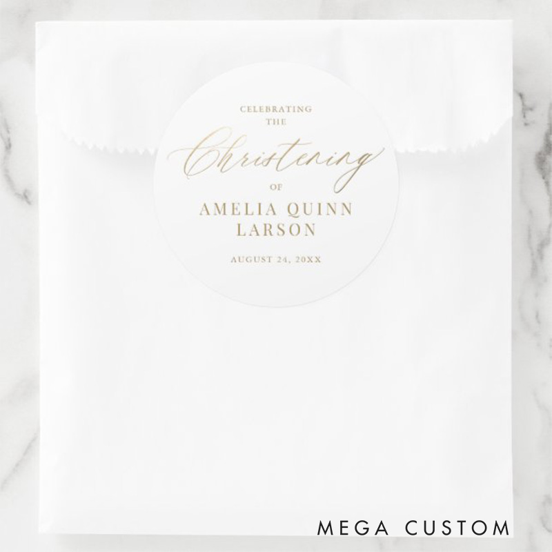 Personalized Simple Elegant Gold Calligraphy Script Christening Classic Round Sticker with Name and Date Religious Gift Baptism Gift