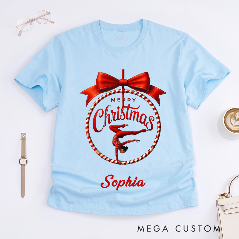 Personalized Merry Christmas Dance Candy Cane Ornament Gift T-Shirts Custom Name Red Bow Present for Women Girls Family