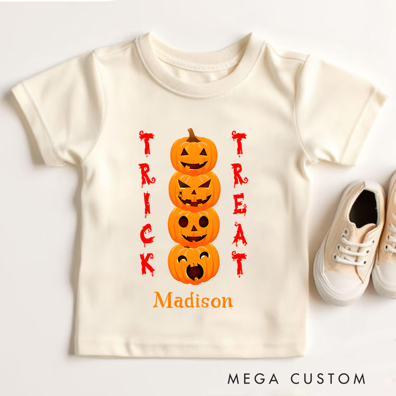 Personalized Trick or Treat Pumpkin Tower Halloween Shirt for Kids Perfect for Fun and Colorful Seasonal Celebrations Kids T-Shirt