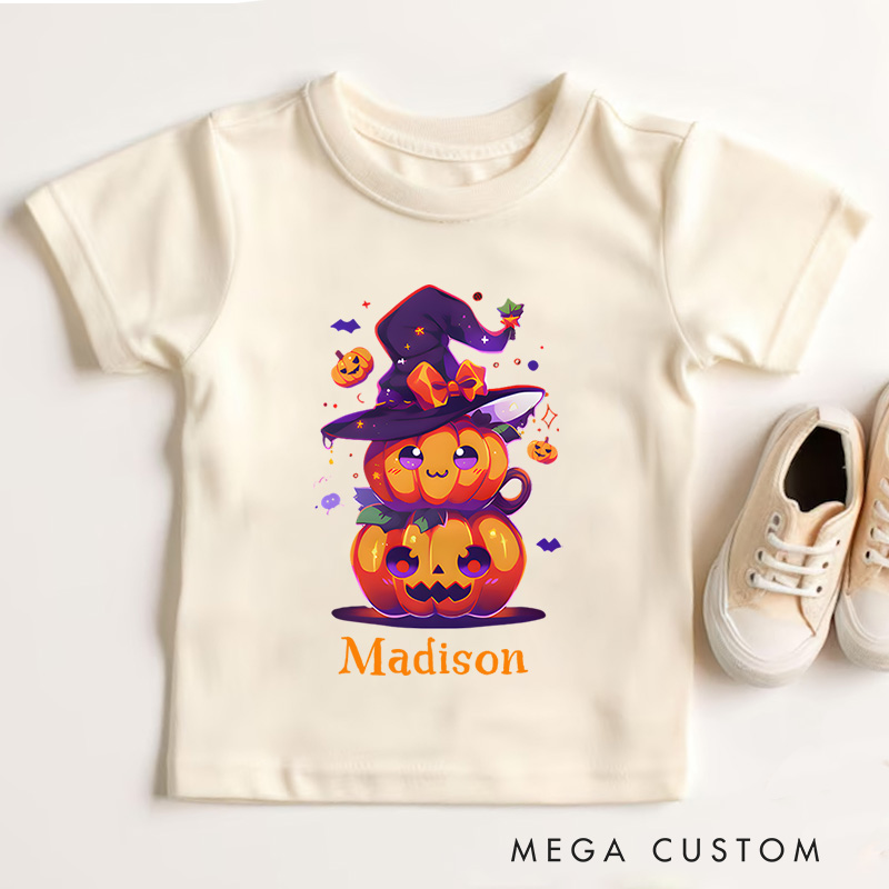 Personalized Witch Hat and Pumpkin Stack Halloween Shirt for Kids Perfect for Magical and Festive Halloween Celebrations Kids T-Shirt