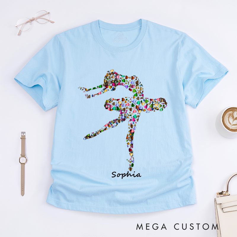 Personalized Ballet Dancer Heart Pattern T-Shirts Custom Name Colorful Artistic Dance Lover Gift for Women Unique Artistic Ballerina