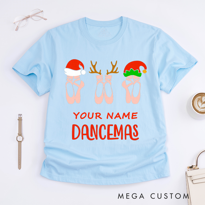 Personalized Ballet Christmas Dance Gift Womens T-Shirts Cute Dancemas Ballerina Xmas Custom Name Present for Dance Lovers
