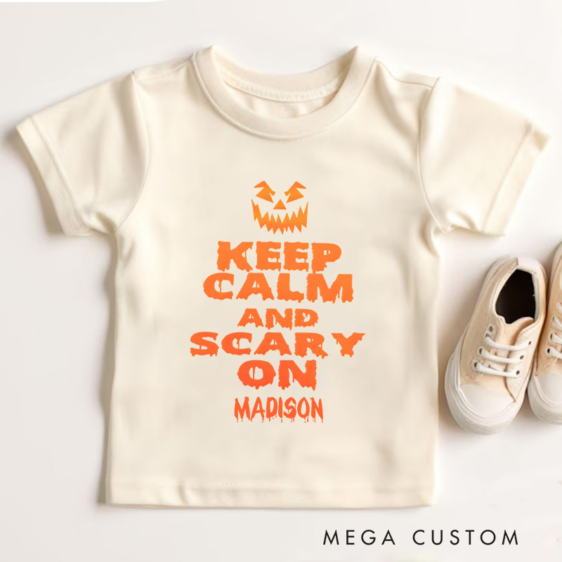 Personalized Keep Calm and Scary On Halloween Shirt for Kids Perfect for Adding Humor and Festive Fun Kids T-Shirt
