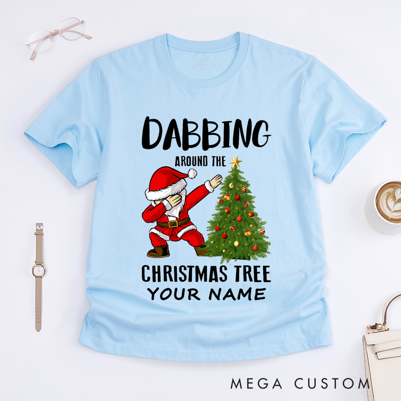 Personalized Dabbing Santa Christmas Tree T-Shirts Custom Name Funny Gift for Men Unique Xmas Party Tee for Dad Husband Boyfriend Friend Family