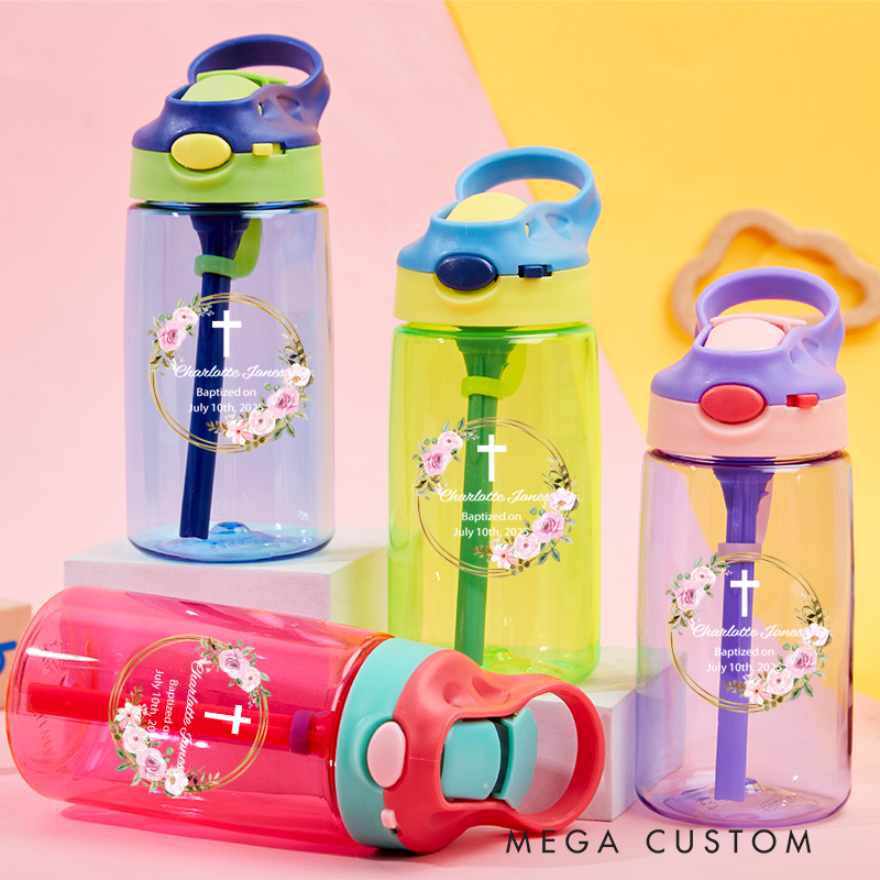 Personalized Floral Wreath Cross Name Water Bottle with Silicone Straw and Lid First Communion Baptism Gift for Christians