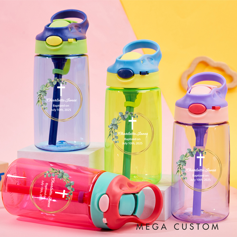 Personalized Leaf Wreath Cross Name Water Bottle with Silicone Straw and Lid First Communion Baptism Gift for Christians