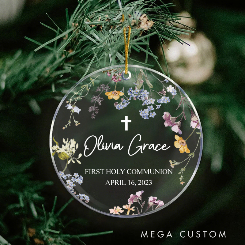 Personalized Acrylic Circle Ornament with Name and Date First Holy Communion for Girl Christian and Religious Girl Gift